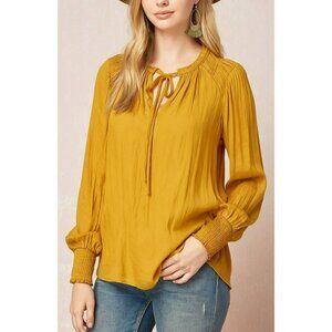 Maison D’Amelie Top Women Medium Mustard Gold Crinkled Blouse Peasant Boho